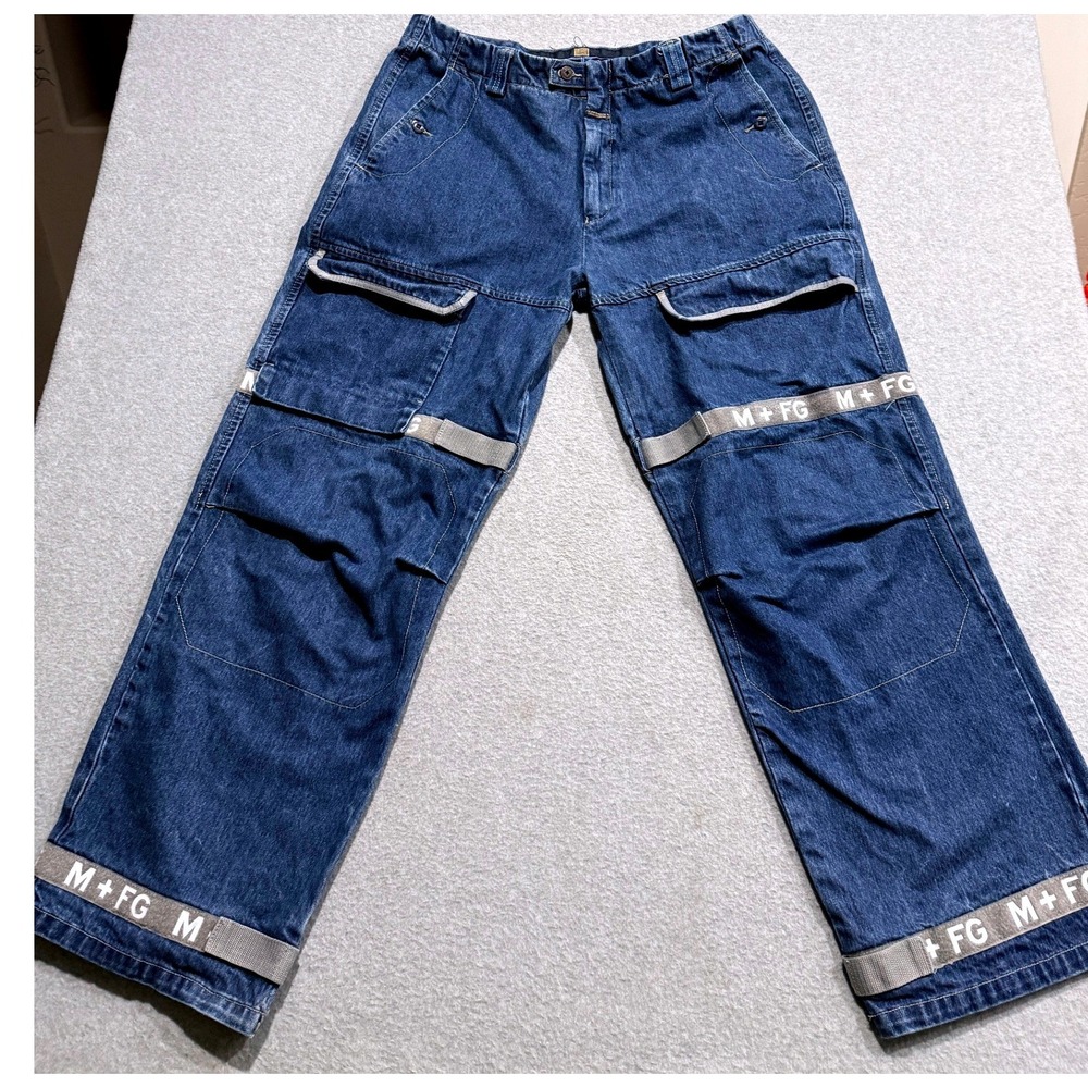 Marithe Francois Girbaud Mens 40M Blue Cargo Jeans Wide Leg Logo Straps Y2K 90s